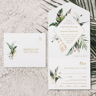 Invitation Tout En Un Aquarelle tropicale Mariage or de feuillage