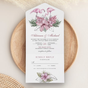 Invitation Tout En Un Aquarelle tropicale rose Flamant rose floral Maria