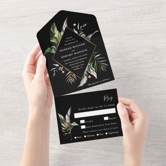 Invitation Tout En Un Aquarelle tropicale sauvage Foliage Mariage noir (Déchirure)