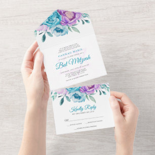 Invitation Tout En Un Aquarelle Turquoise violet Bat mitzvah floral