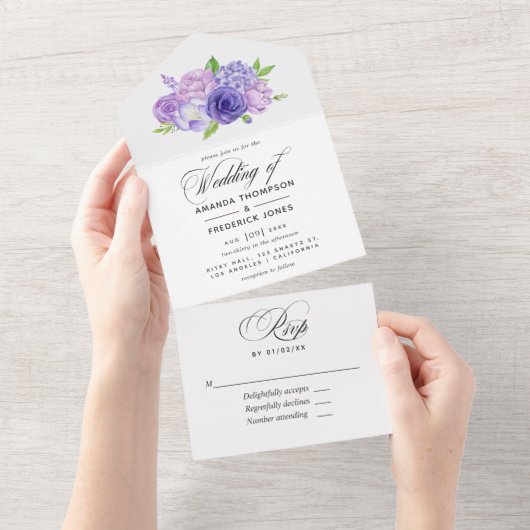 Invitation Tout En Un Aquarelle Ultra Violet Mariage Floral Tout en un (Déchirure)