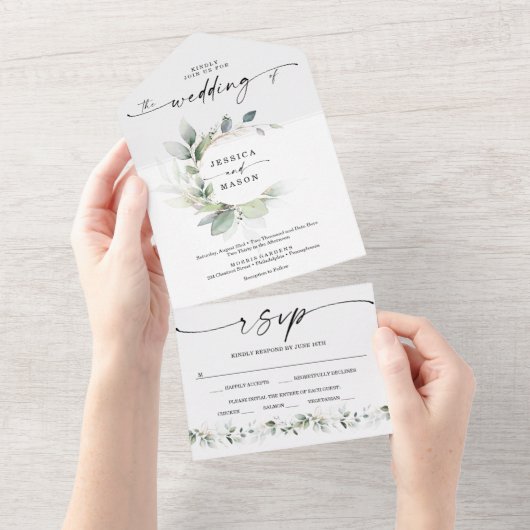 Invitation Tout En Un Aquarelle Verdure avec or Tout en un Mariage A (Déchirure)