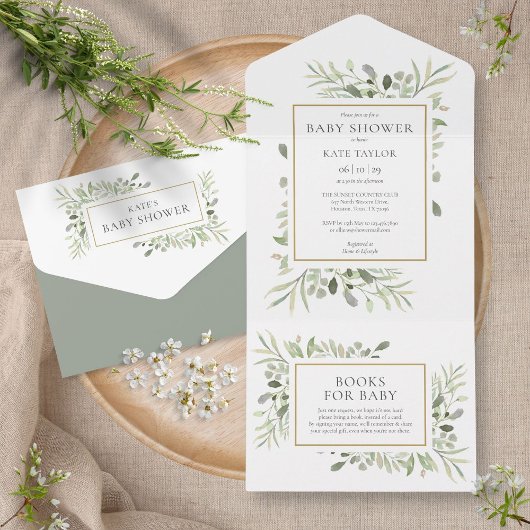 Invitation Tout En Un Aquarelle Verdure Baby shower Foliage Tout en un