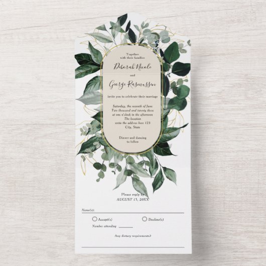 Invitation Tout En Un Aquarelle Verdure Botanique Boho Arché Mariage (À l'intérieur)