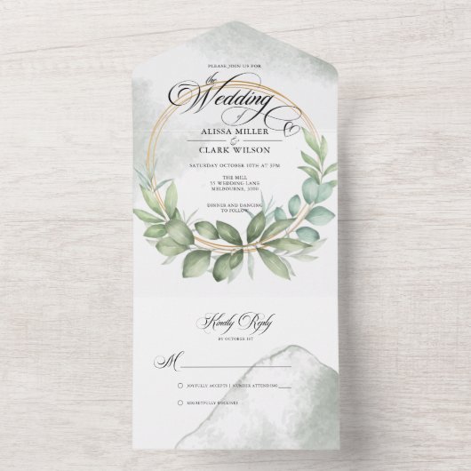 Invitation Tout En Un Aquarelle Verdure Foliage Mariage de cadre (À l'intérieur)