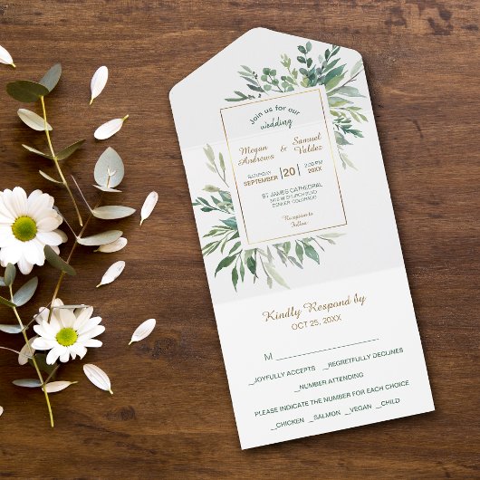 Invitation Tout En Un Aquarelle Vert Feuille Gold Frame Mariage
