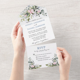 Invitation Tout En Un Aquarelle vert rose Dusty Mariage