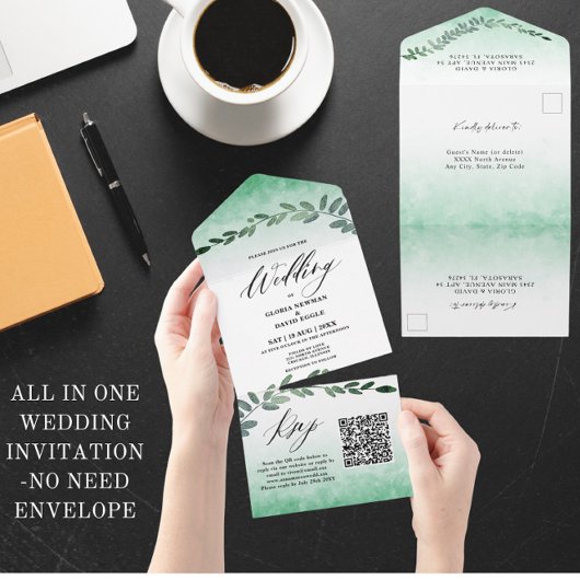 Invitation Tout En Un Aquarelle verte QR Code Tout en un