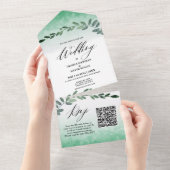 Invitation Tout En Un Aquarelle verte QR Code Tout en un (Déchirure)
