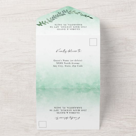 Invitation Tout En Un Aquarelle verte QR Code Tout en un (Dehors)