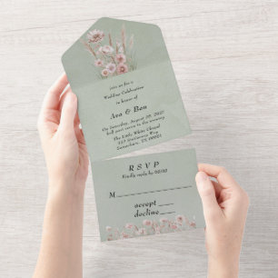 Invitation Tout En Un Aquarelle verte Sage Peony rose Mariage