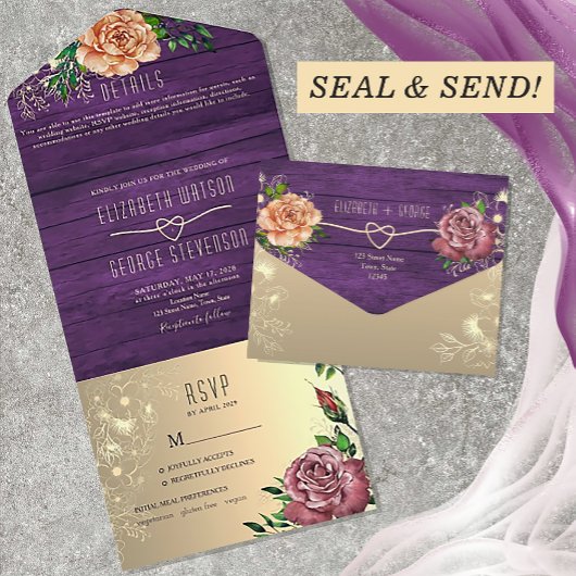 Invitation Tout En Un Aquarelle violet rustique Mariage floral