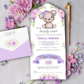 Invitation Tout En Un Aquarelle violette Floral Teddy Bear Baby shower