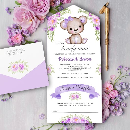 Invitation Tout En Un Aquarelle violette Floral Teddy Bear Baby shower