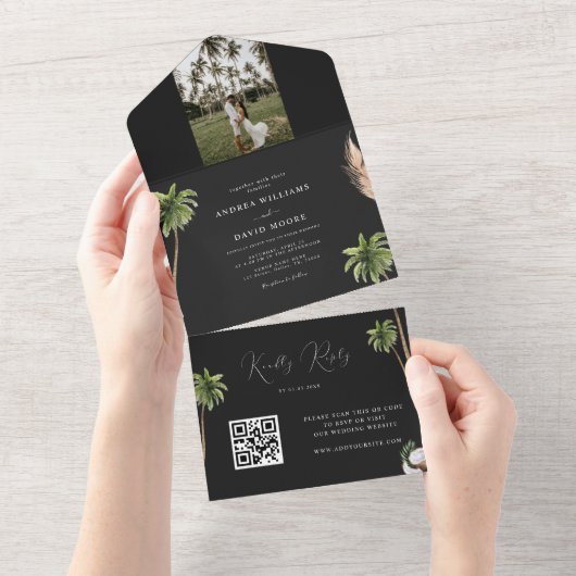 Invitation Tout En Un Arbre à palmier tropical foncé photo Code QR Maria (Déchirure)