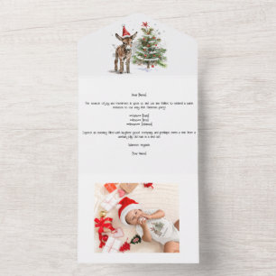 Invitation Tout En Un Arbre de Noël et âne pour le premier Noël de bébé 