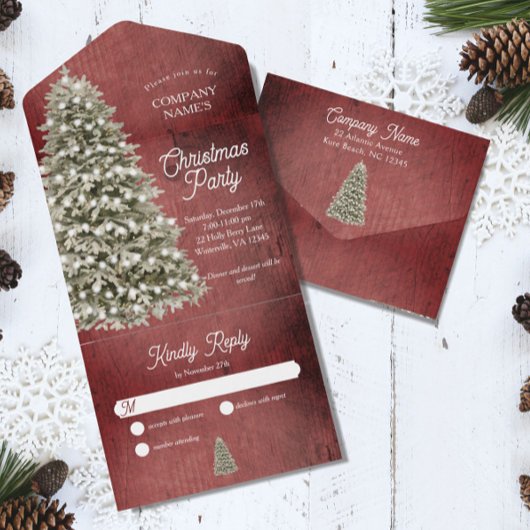 Invitation Tout En Un Arbre de Noël rustique Société Fête Rouge