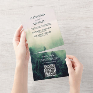 Invitation Tout En Un Arbre de pin aquarelle vert émeraude pour mariage