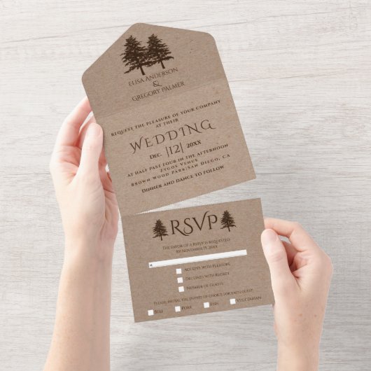 Invitation Tout En Un Arbres bruns embossés sur papier kraft mariage aut (Déchirure)