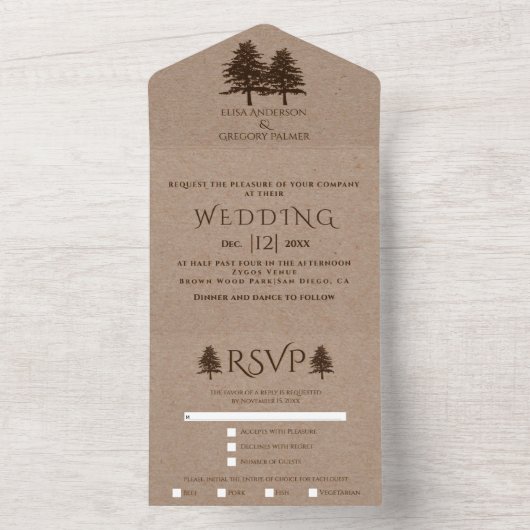 Invitation Tout En Un Arbres bruns embossés sur papier kraft mariage aut (À l'intérieur)