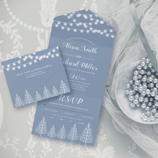 Invitation Tout En Un Arbres et lumières bleu poussiéreux mariage d'hive