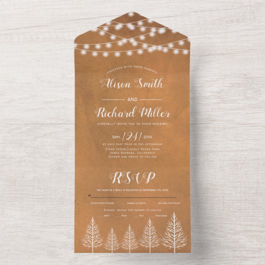 Invitation Tout En Un Arbres et lumières tachés mariage de automne brun (À l'intérieur)