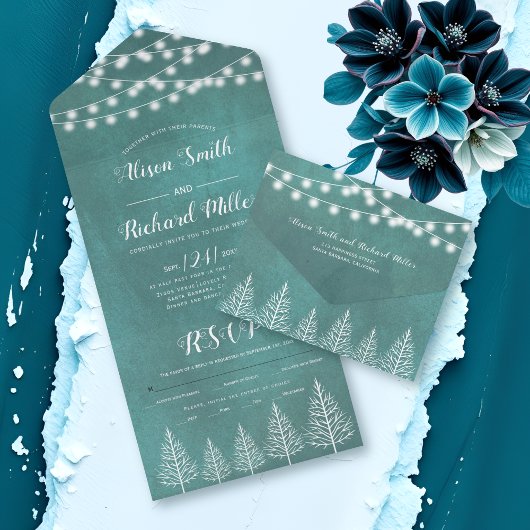 Invitation Tout En Un Arbres et lumières tachés turquoise bleu mariage d