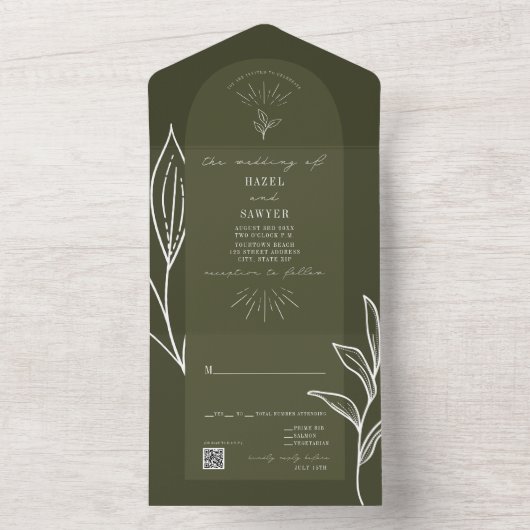 Invitation Tout En Un Arc Botanique Vert Mariage QR RSVP (À l'intérieur)