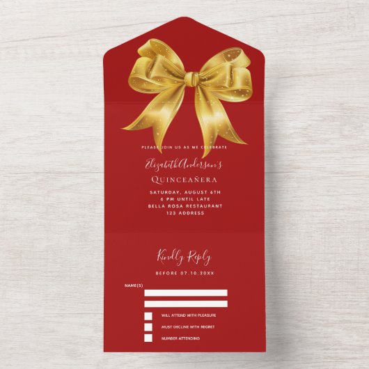 Invitation Tout En Un Arc en or rouge Quinceanera rsvp (À l'intérieur)