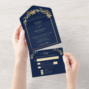 Invitation Tout En Un Arc Mariage élégant bleu marine Golden Foliage