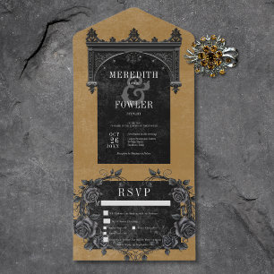 Invitation Tout En Un Arc noir gothique et Rose noir Gold Trois Dîner