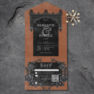Invitation Tout En Un Arc noir gothique et Rose noir rouille Code QR