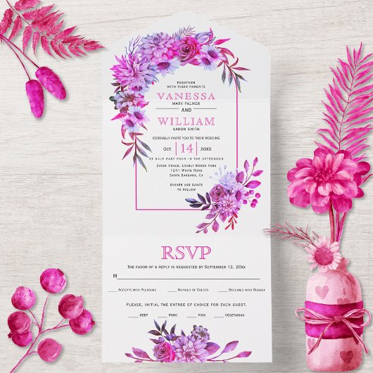 Invitation Tout En Un Arche avec fleurs rose magenta et mariage feuille