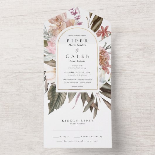 Invitation Tout En Un Arche de mariage à la fleur sauvage dorée (À l'intérieur)