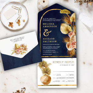 Invitation Tout En Un Arche Florale Terreuse Palmier Séché Mariage Bleu 