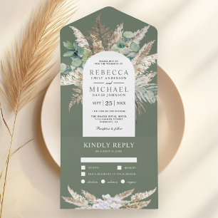 Invitation Tout En Un Arche rustique en eucalyptus des Pampas vert sauge