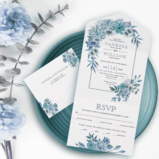 Invitation Tout En Un Arche turquoise, fleurs bleu aqua, mariage feuille