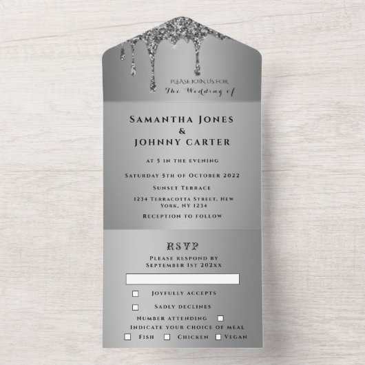 Invitation Tout En Un Argent Sparkle RSVP Élégant Mariage moderne (À l'intérieur)