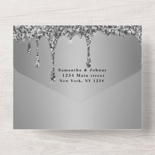 Invitation Tout En Un Argent Sparkle RSVP Élégant Mariage moderne (Verso)