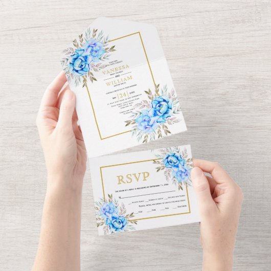 Invitation Tout En Un Arrosage bleu fleurs or cadre mariage (Déchirure)