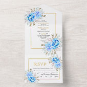 Invitation Tout En Un Arrosage bleu fleurs or cadre mariage (À l'intérieur)