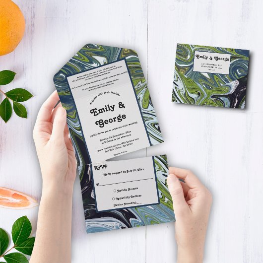 Invitation Tout En Un Art abstrait de mariage tons terre bleu vert moder