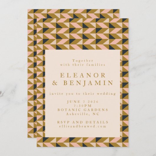 Invitation Tout-en-un Art déco rétro Mariage noir et or (Devant / Derrière)