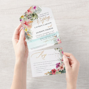 Invitation Tout En Un ArtsApp Élégant Paradis Tropical Accent Doré Faux
