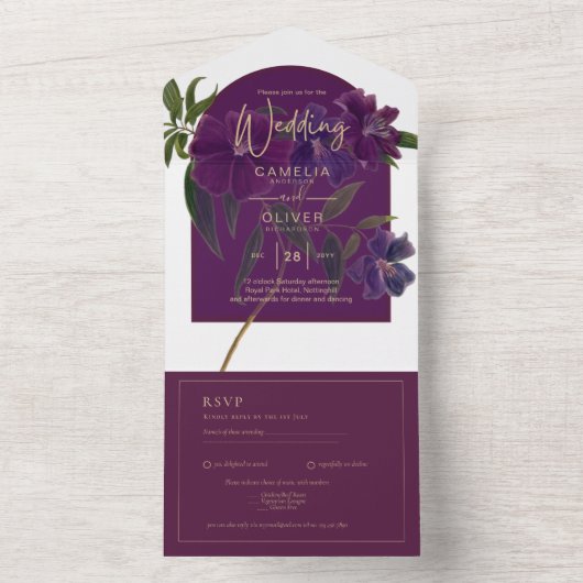 Invitation Tout En Un Aubergine prune floral mariage vert forêt (À l'intérieur)