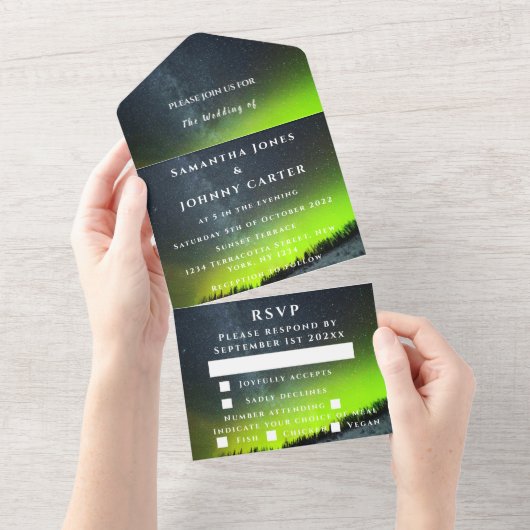 Invitation Tout En Un Aurora Borealis Northern lights Night Sky Mariage (Déchirure)