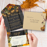 Invitation Tout En Un Automne automne rustique bois fleuri citrouille ma<br><div class="desc">Belle rouille brûlé orange automne automne automne botanique feuilles, fleurs et bordures citrouilles avec cordes de lumières scintillantes dorées sur une grange brun foncé et arrière - plan beige faisant un charmant élégant tout en une faire-part de mariage avec RSVP avec une écriture branchée faux script de typographie or. Si...</div>