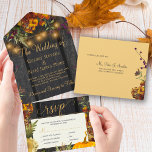 Invitation Tout En Un Automne automne rustique bois fleuri citrouille ma<br><div class="desc">Belle rouille brûlé orange automne automne automne botanique feuilles, fleurs et bordures citrouilles avec cordes de lumières scintillantes dorées sur une grange brun foncé et arrière - plan jaune faisant un charmant élégant tout en une faire-part de mariage avec RSVP avec une écriture branchée faux script de typographie or. Si...</div>