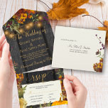 Invitation Tout En Un Automne automne rustique bois fleuri citrouille ma<br><div class="desc">Belle rouille brûlé orange automne automne feuilles botaniques, fleurs et bordures citrouilles avec des cordes de lumières scintillantes dorées sur une grange brun foncé et l'arrière - plan d'ivoire faire un charmant élégant tout en une faire-part de mariage avec RSVP avec une écriture branchée faux script de typographie or. Si...</div>