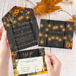 Invitation Tout En Un Automne automne rustique bois fleuri citrouille ma<br><div class="desc">Belle rouille brûlé orange automne automne automne botanique feuilles, fleurs et bordures citrouilles avec cordes de lumières scintillantes dorées sur un arrière - plan de grange brun foncé faisant un charmant élégant tout en une faire-part de mariage avec RSVP avec une écriture branchée faux script de typographie or. Veuillez noter...</div>